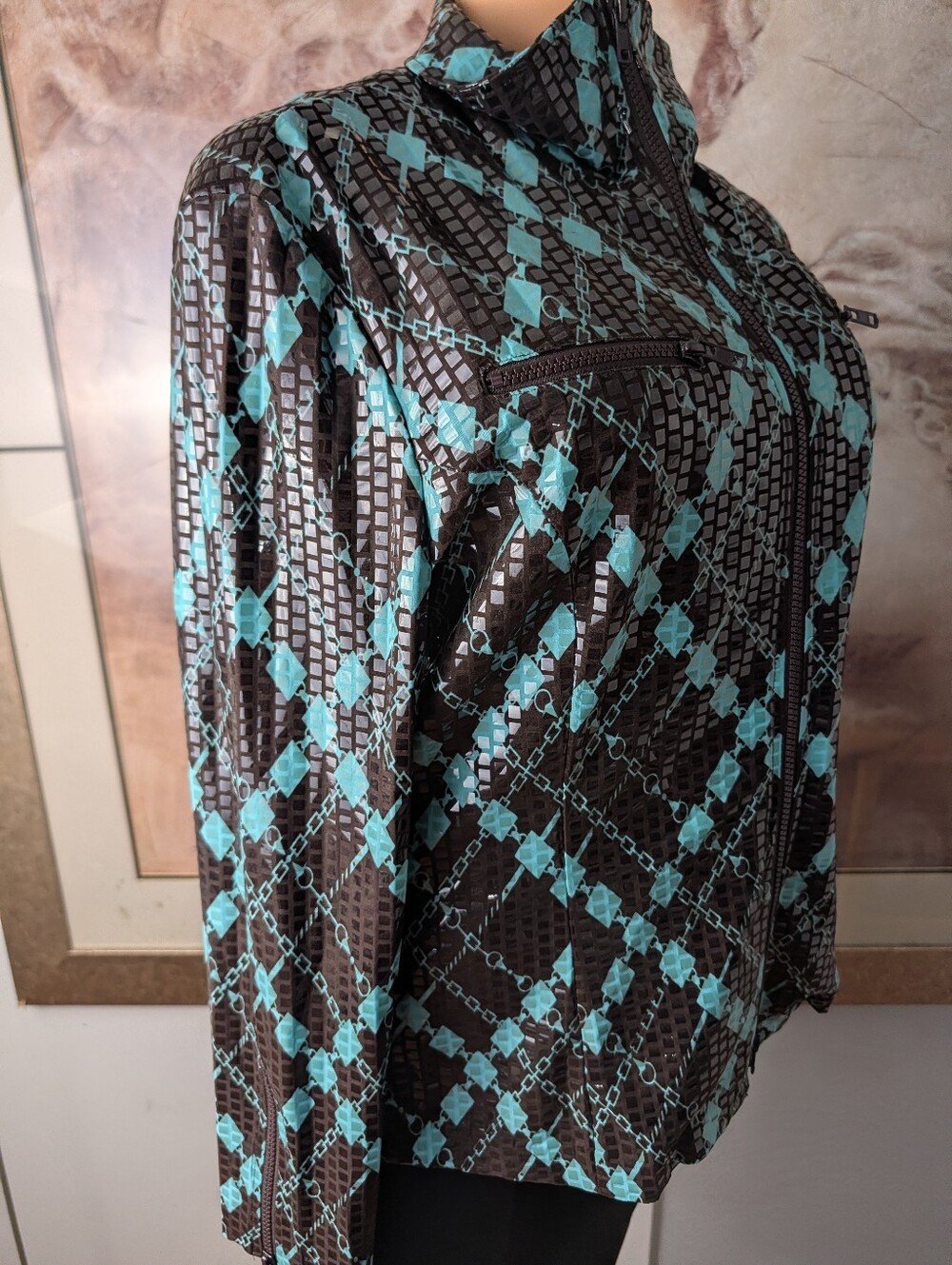 NABI Ladies Turquoise Brown Argyle Diamond Print Jacket EUC, Light Size XL - Picture 4 of 8